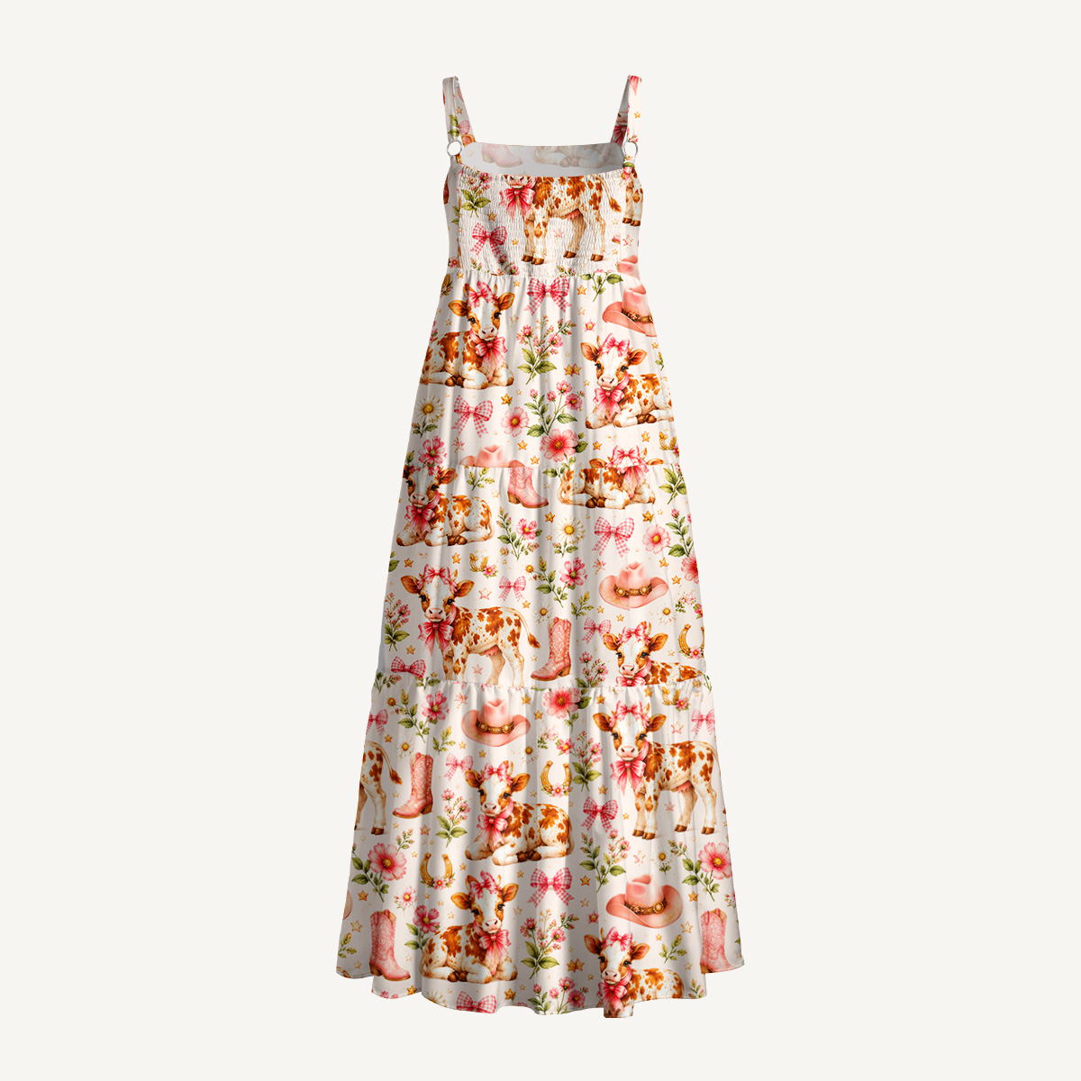 Pink Cow Cowgirl Boots Floral Print Wide Straps Maxi Dress With Pockets