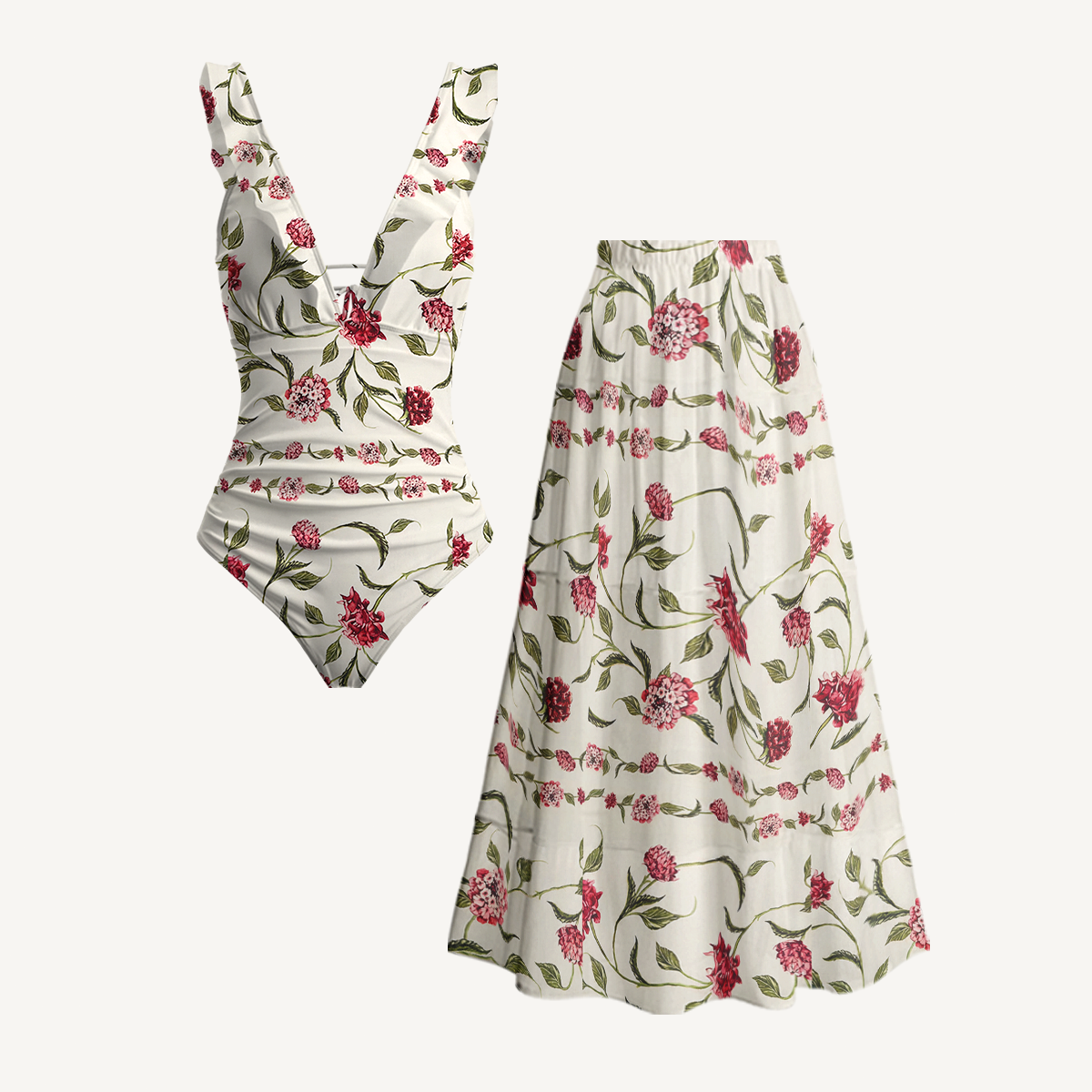 Red Floral Ruffled V Neck One Piece Swimsuit and Matching Midi Skirt Set